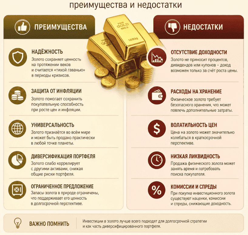 Преимущества и недостатки инвестиций в золото